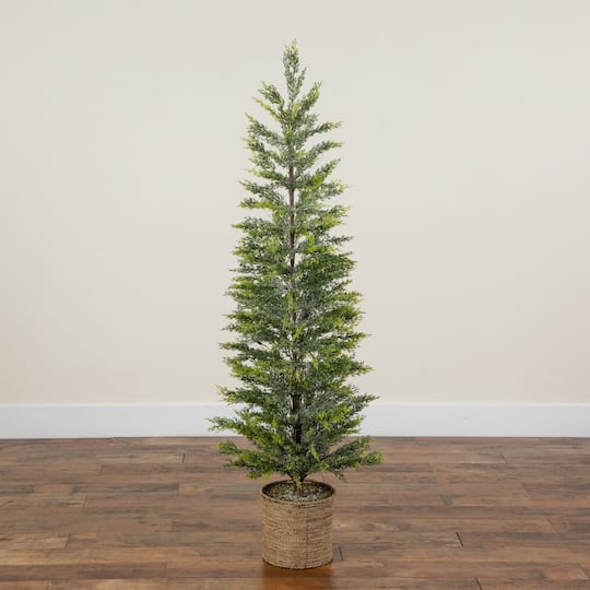 Nearly Natural 5ft. Pre-Lit Snowed Cypress Artificial Christmas Tree in Hyacinth Basket, Clear LED Lights